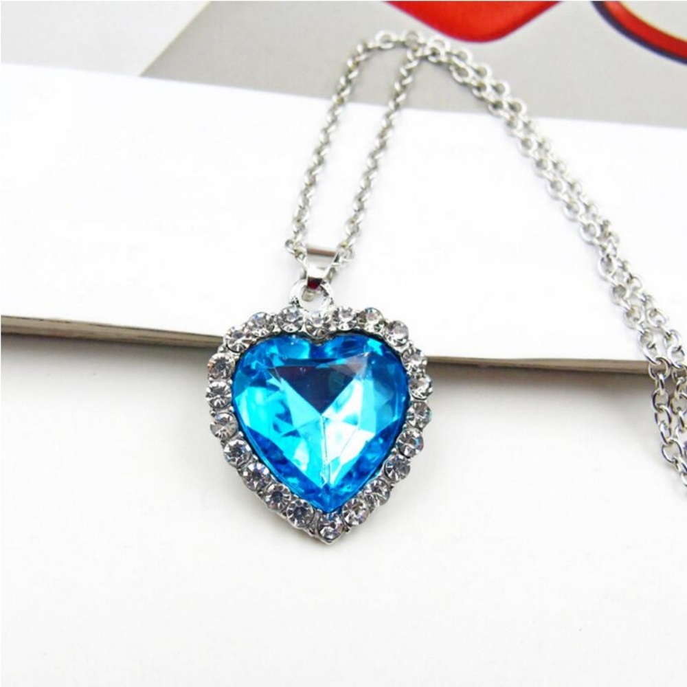 Ocean Crystal Pendant Heart Silver Chain Necklace - Picture 3 of 4